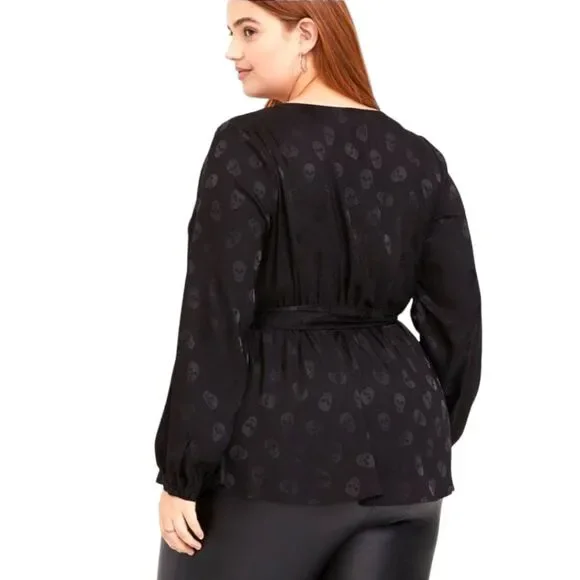 TORRID Plus Size Black Skull Jacquard Surplice Top - Picture 10 of 16